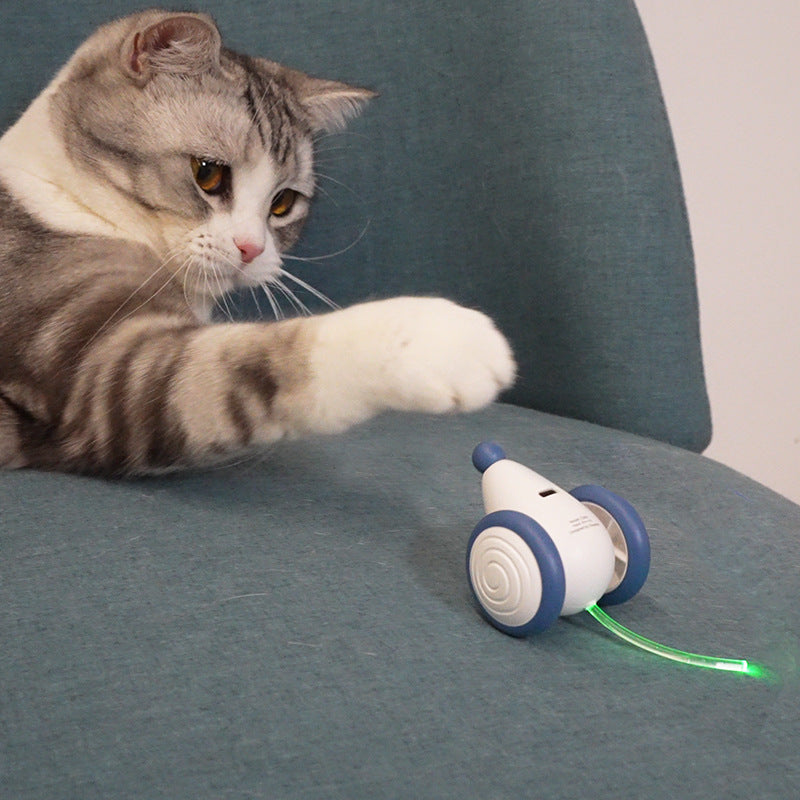 Electric cat mouse toy on couch, blue and white, with green glow light.
