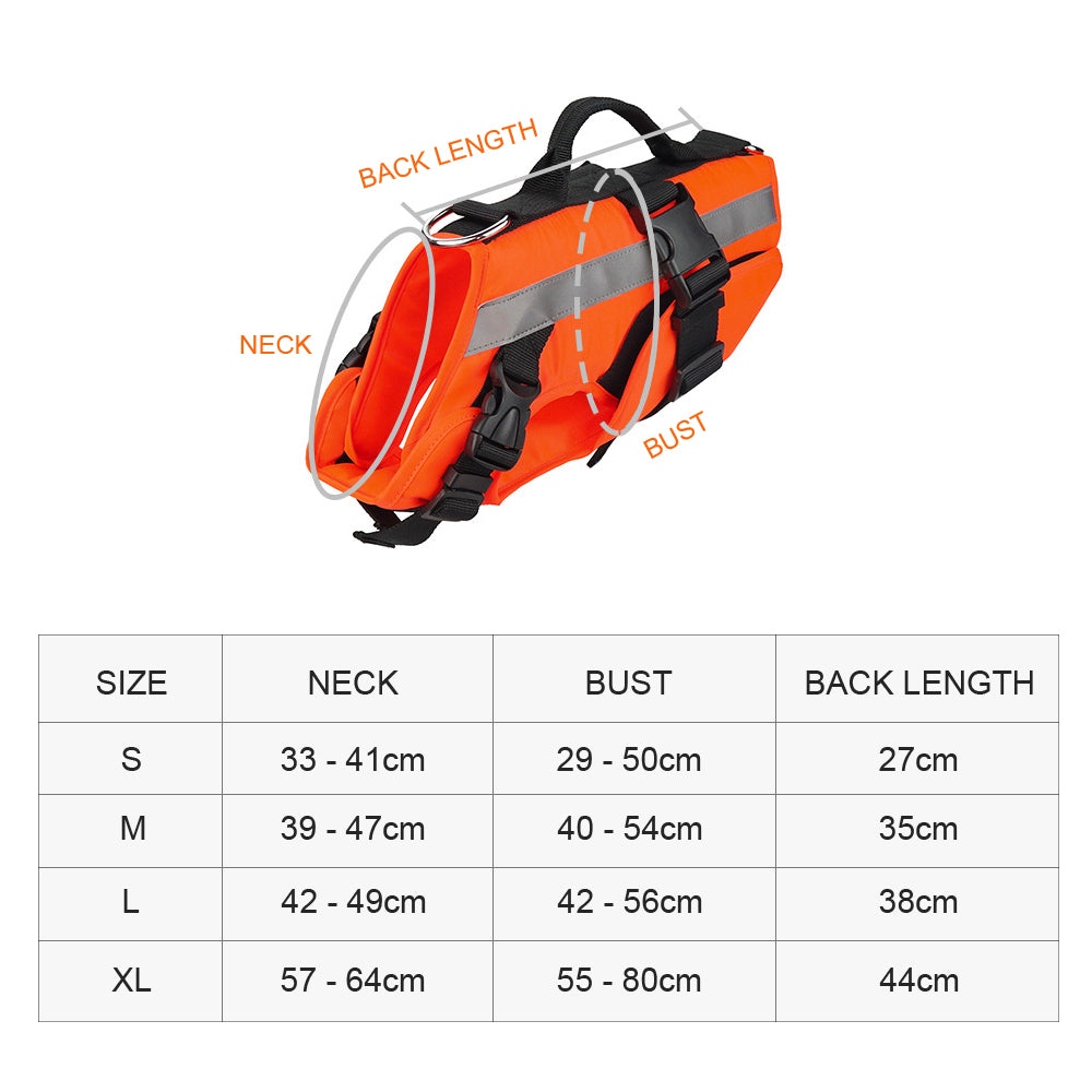Orange reflective dog life jacket vest diagram with neck, bust, and back-length measurements
