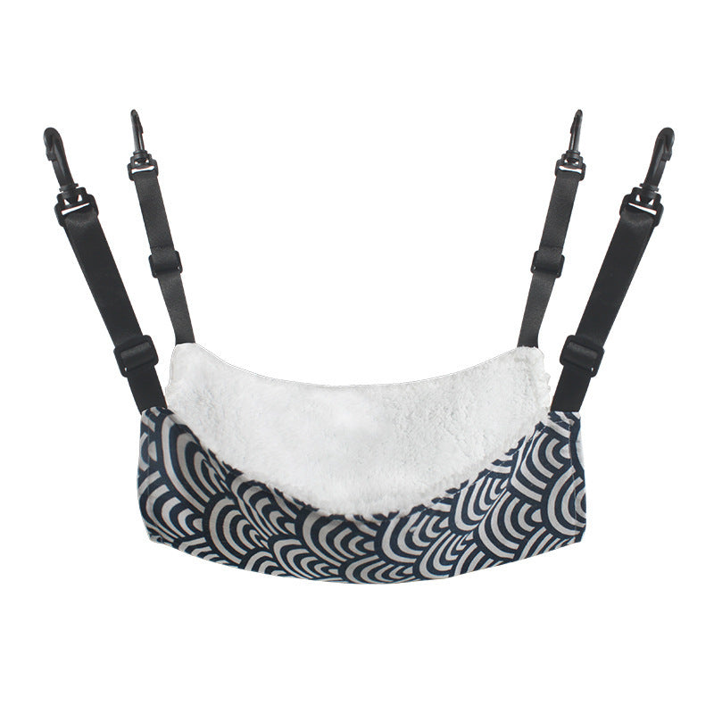 Cat cage hanging hammock bed with blue wave print fabric, white plush lining and black straps