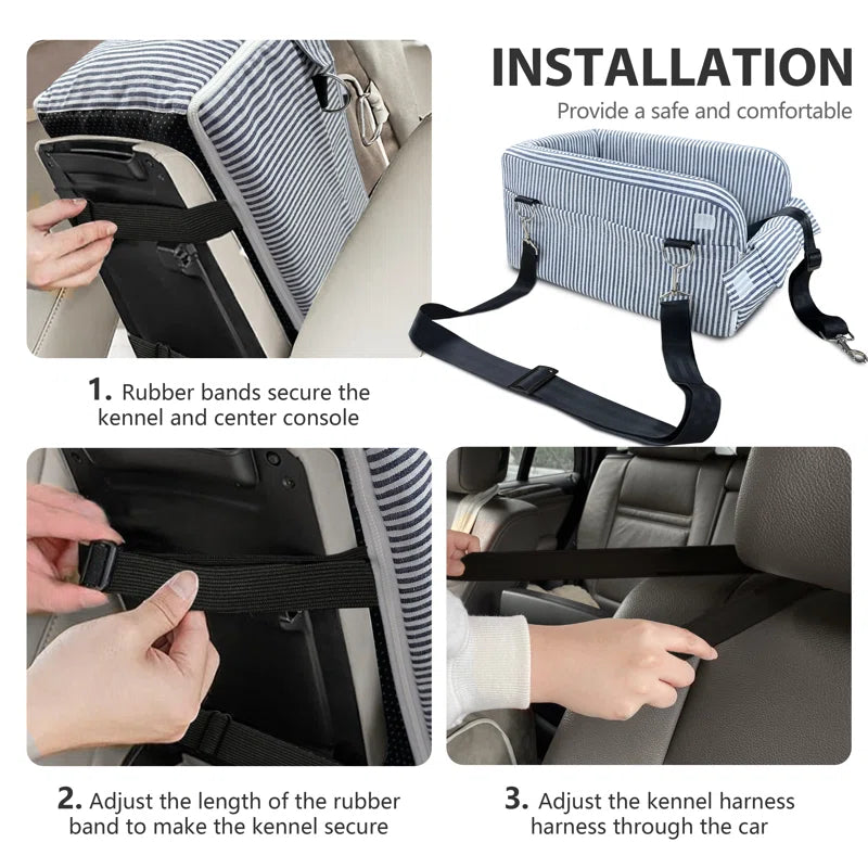 Striped dog car kennel bed with black harness straps and top zipper enclosure