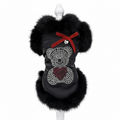 Black faux fur dog coat with rhinestone heart design and red bow