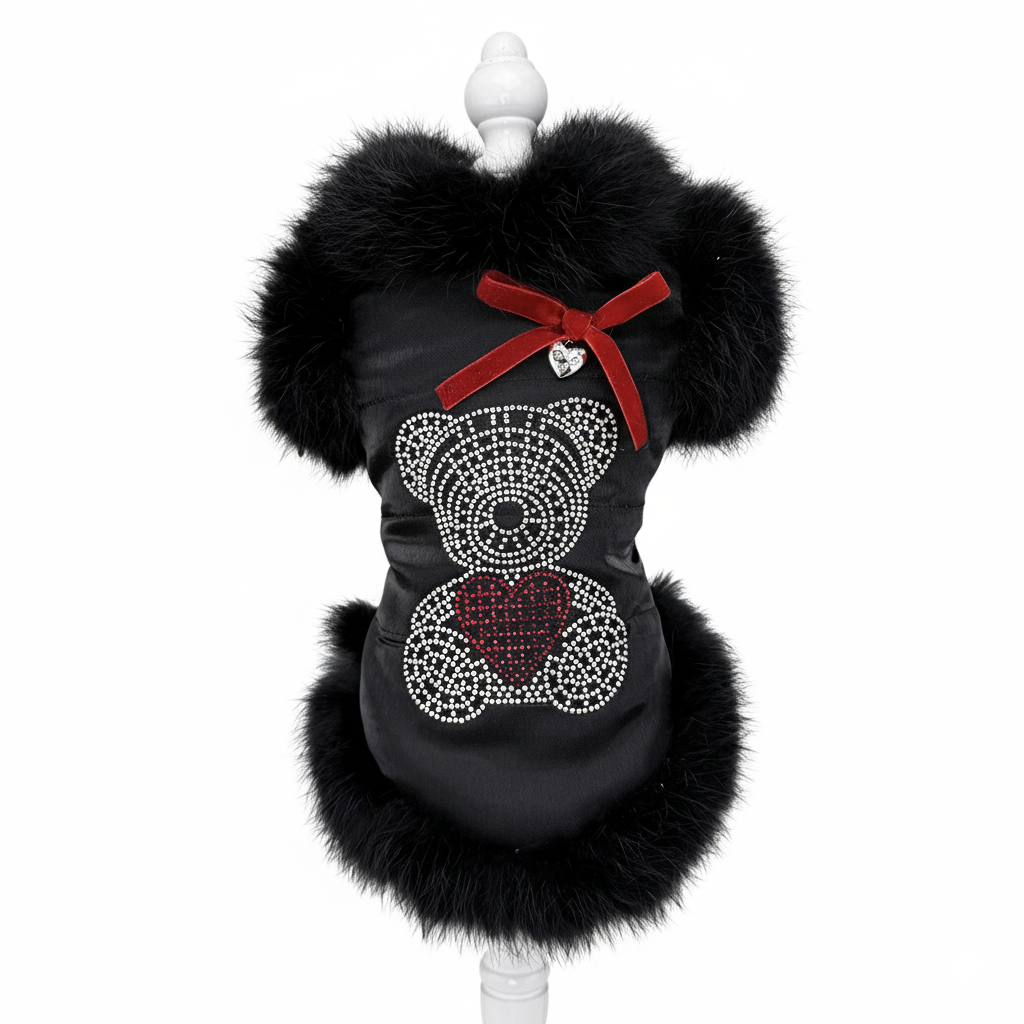 Black faux fur dog coat with rhinestone heart design and red bow