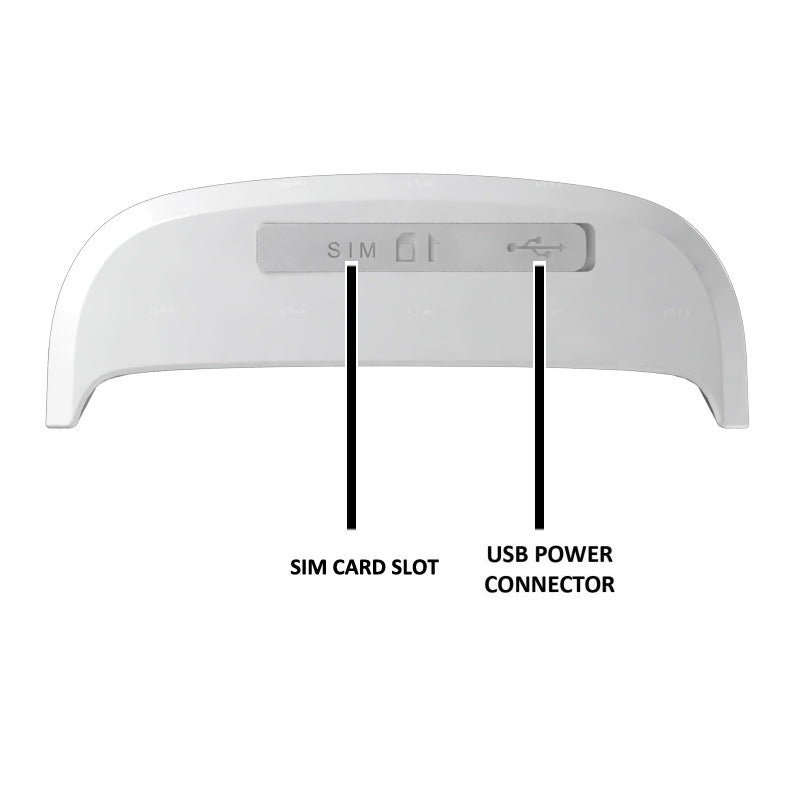 Cat GPS tracker ports view: SIM card slot and USB power connector on device