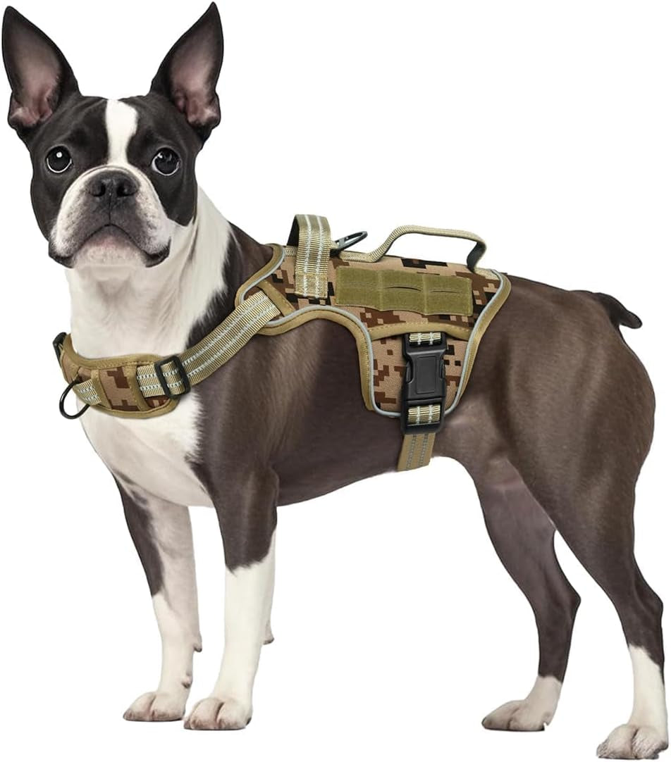 Dog tactical MOLLE harness, tan and green camo vest with front buckles and chest strap