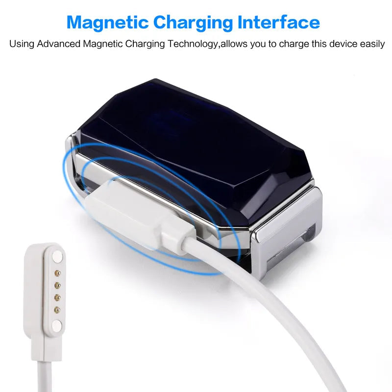 Magnetic charging interface on black GPS tracker collar housing