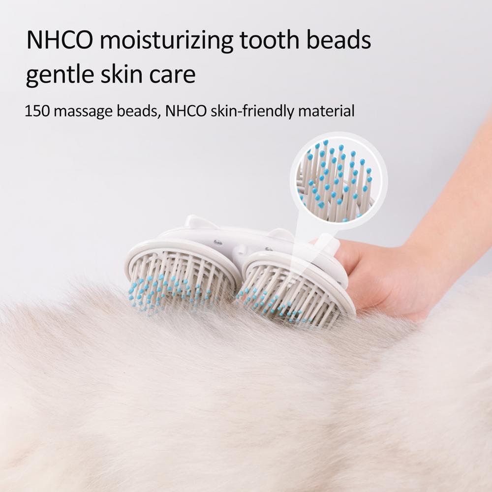 Pet grooming brush with two round comb heads and blue massage bead bristles for fur