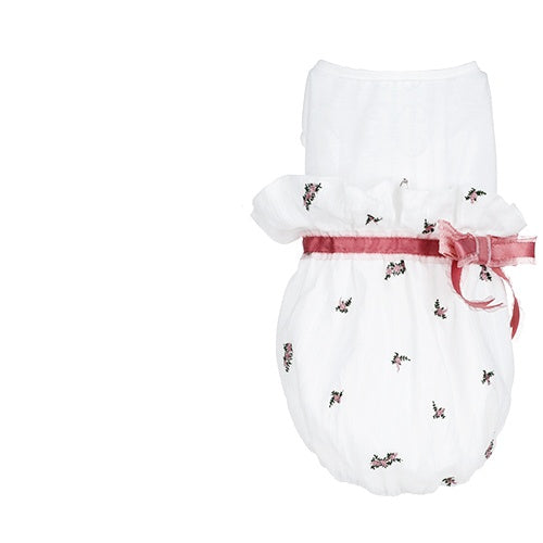 Pet cat clothes, white romper with tiny printed figures and pink waist bow