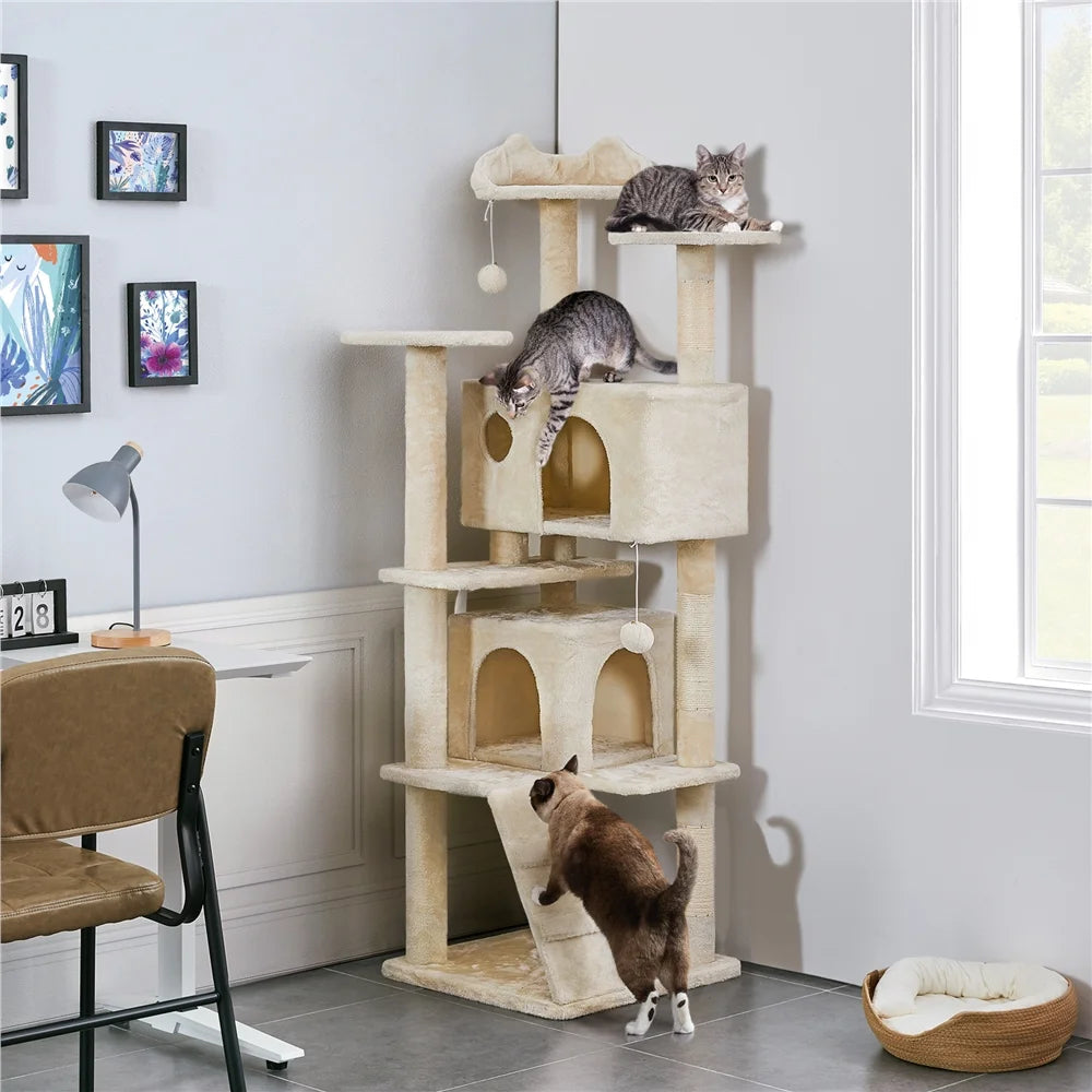 Beige 70-in cat tree with stacked perches, condos, and hanging ball toy