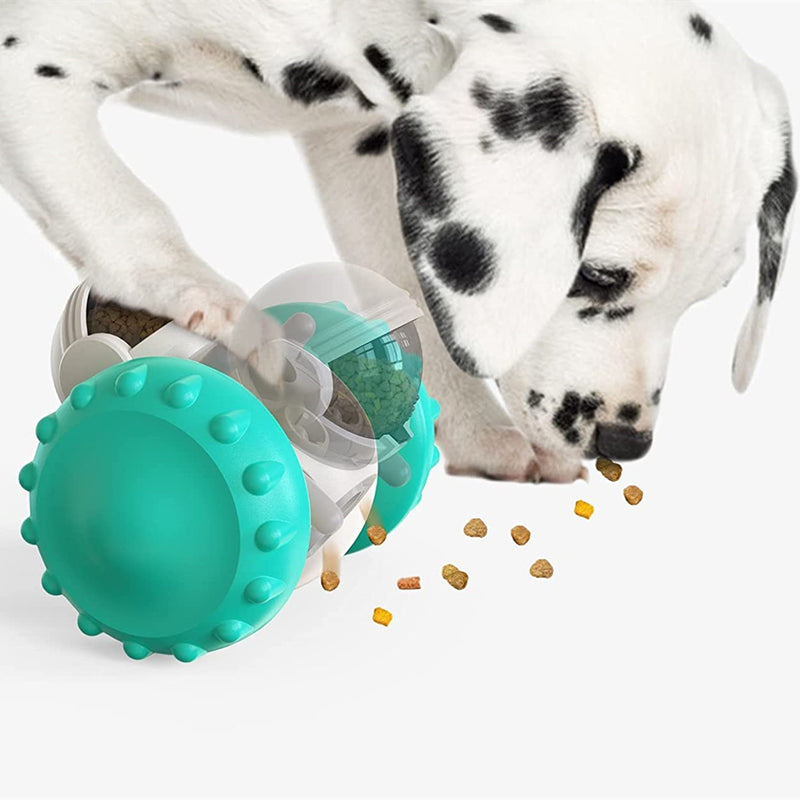 Teal slow-feed balance pet toy car with white wheel bay and open food container