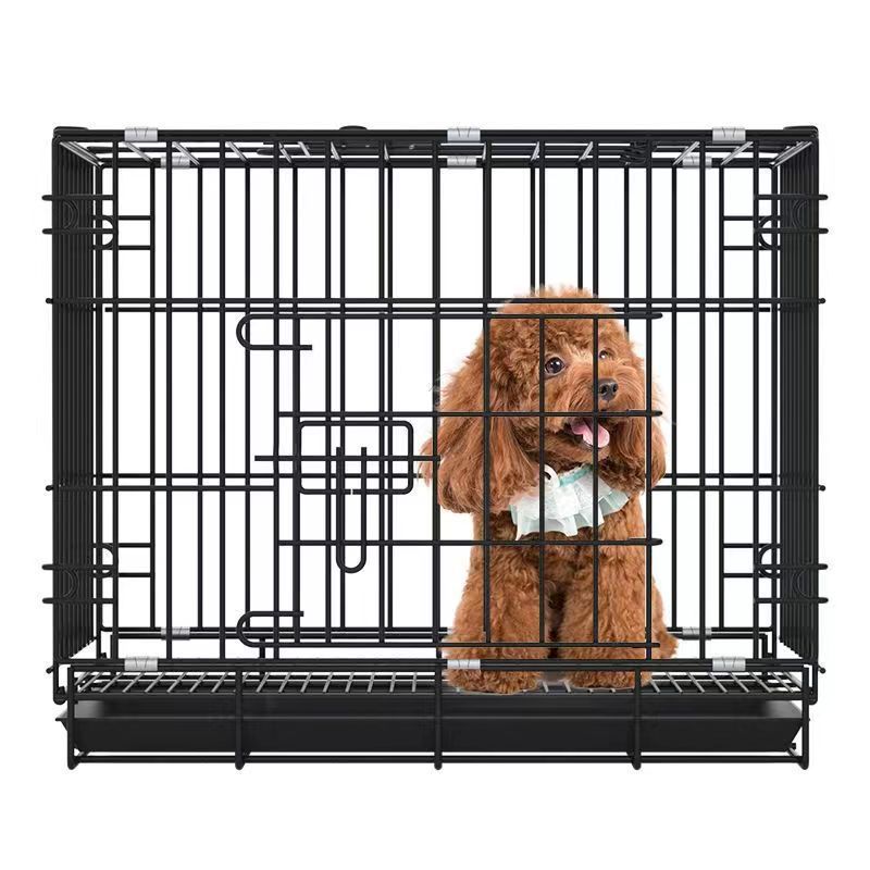 Black dog crate front view with small dog inside and metal latch