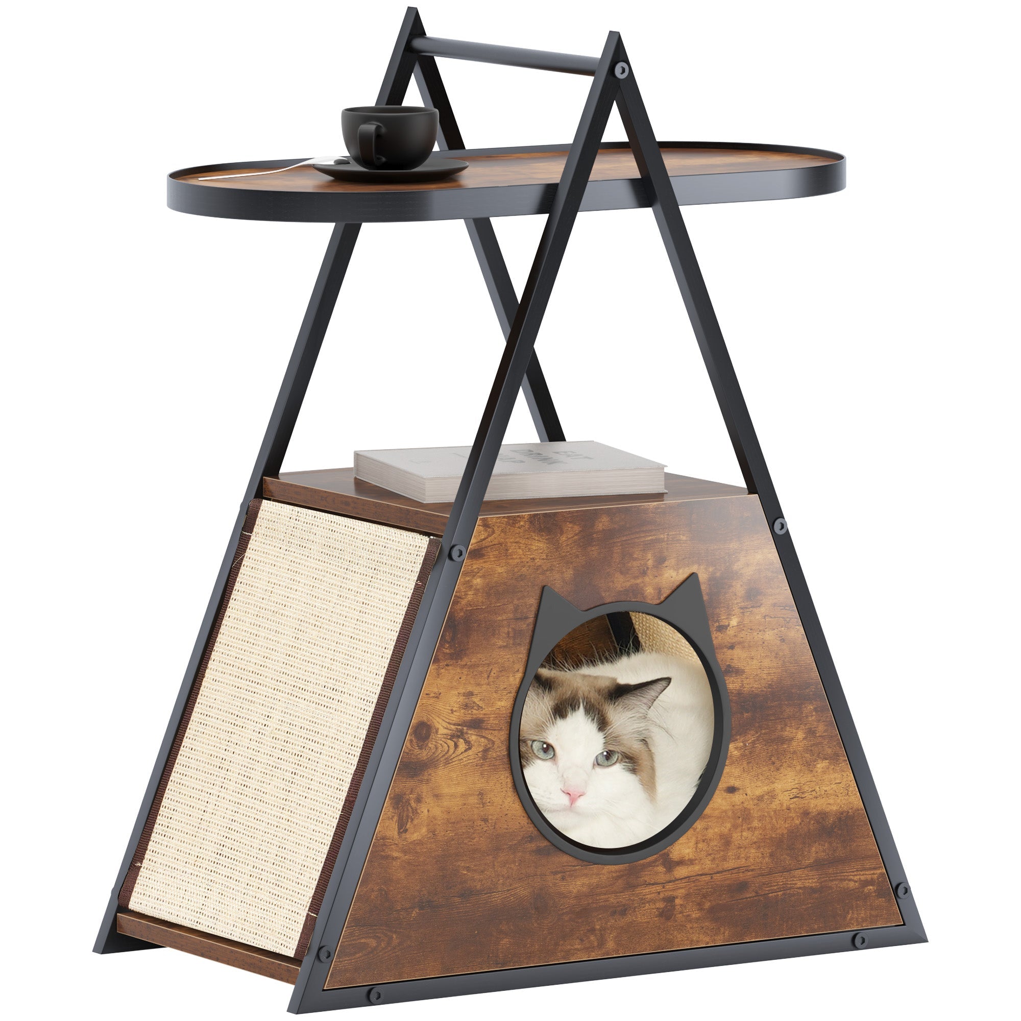 Vintage wood-look cat house end table with round opening, woven scratching panel, and cat bed