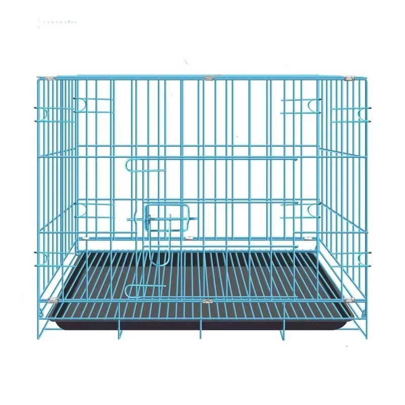 Empty folding dog crate with blue wire frame and black base tray