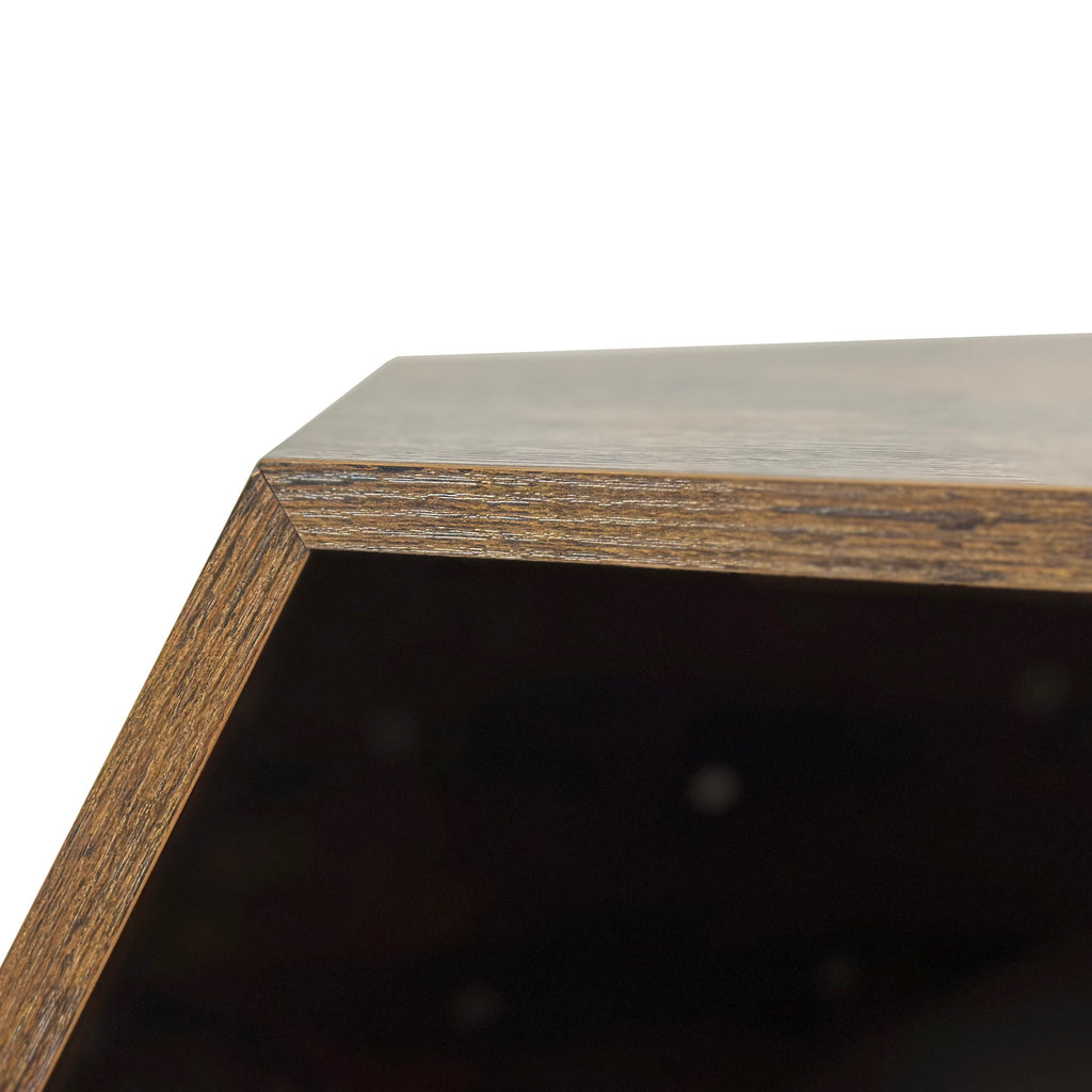 Antique brown MDF cat kennel side table, close-up of top panel and open hexagon frame