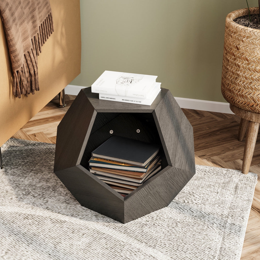 Hexagon side table cat litter unit with open interior for books, dark gray MDF