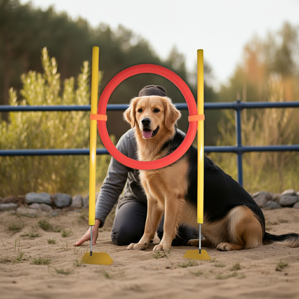 Agility hoop training set: red hoop with yellow poles for outdoor dog play