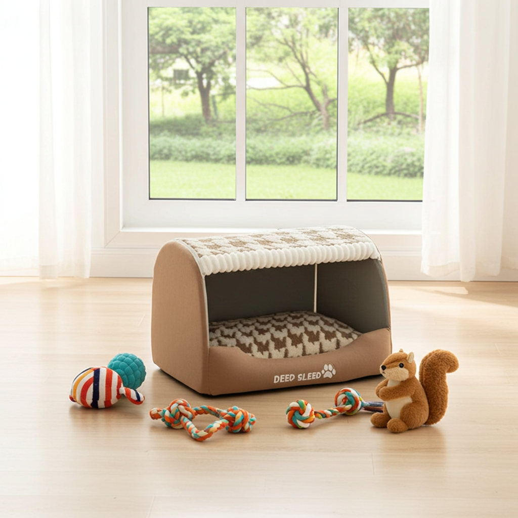 Tan curved dog kennel cave sofa with removable bed and houndstooth cushion