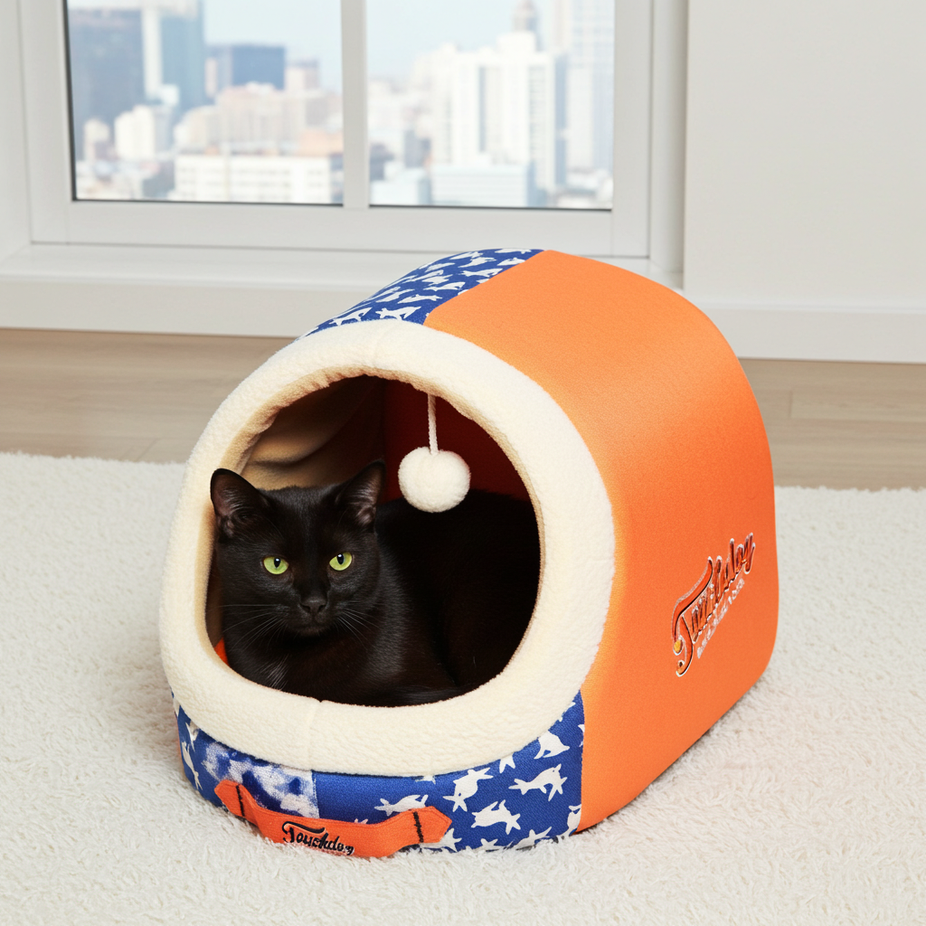 Panoramic cat bed with plush tunnel, orange and blue fabric, with hanging pom toy; cat inside