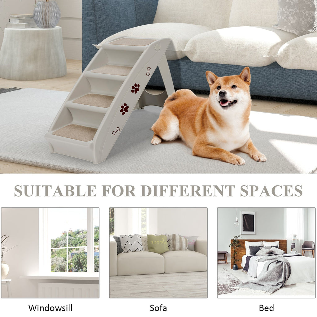 Collapsible plastic pet stairs, white with beige non-slip steps and paw-print decals
