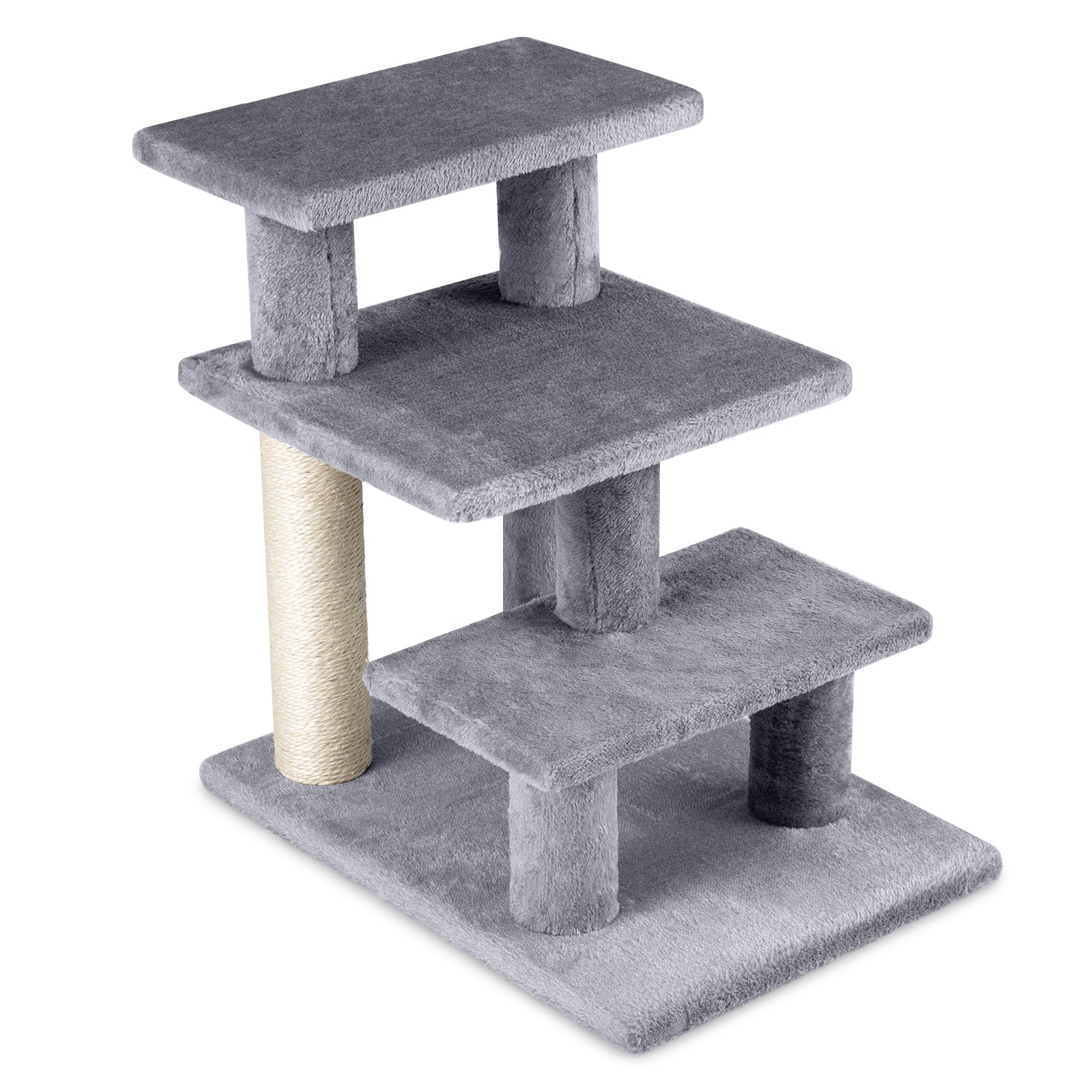 Gray 3-tier cat stairs with plush platforms and sisal scratching post