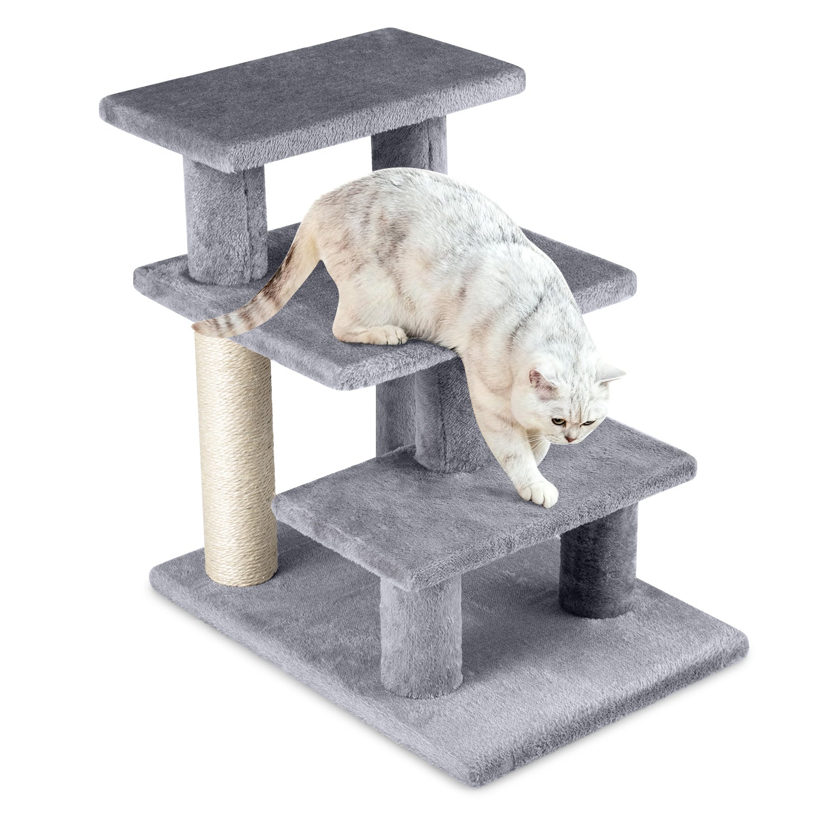 Gray plush 3-tier cat stairs with sisal scratching post and three platforms