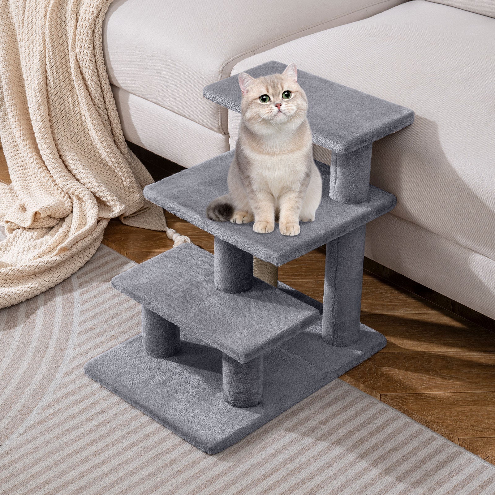 Gray plush 3-tier cat stairs with three platforms and scratching post pole