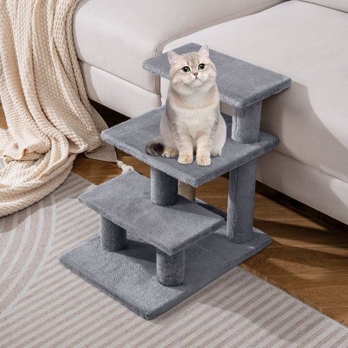 Gray plush 3-tier cat stairs with three platforms and scratching post pole