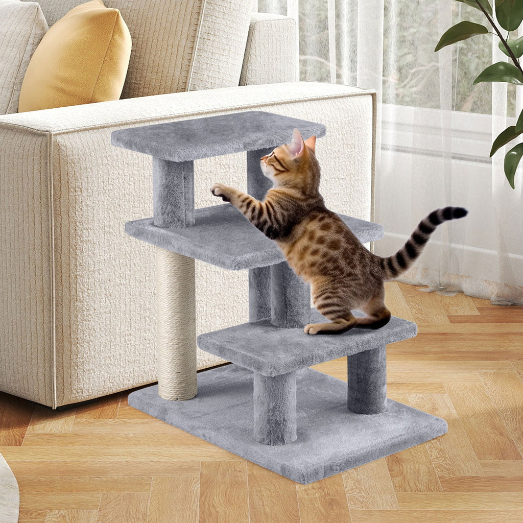 Gray plush cat stairs with three steps and top platform