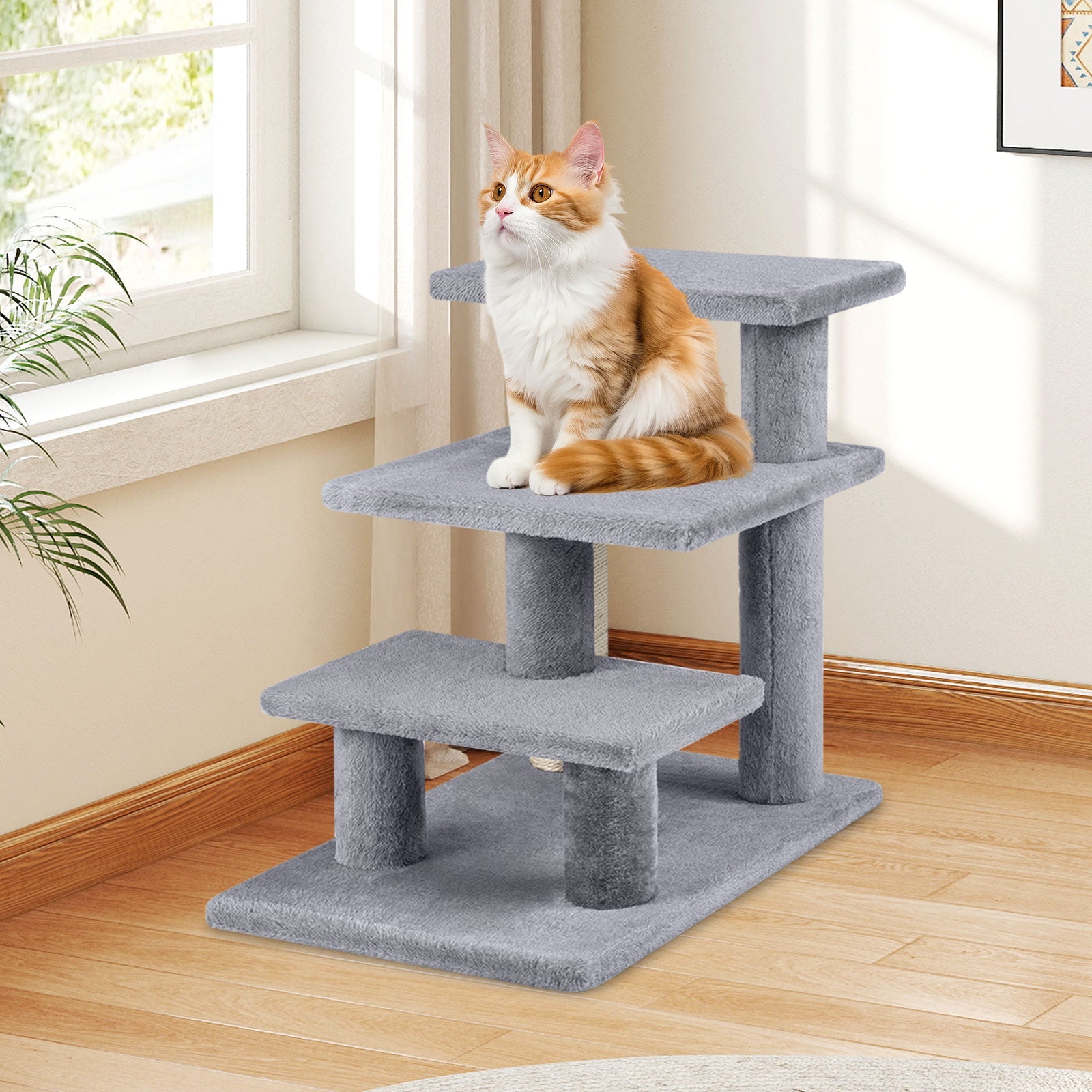 Gray plush 3-tier cat stairs with three platforms and sisal scratching post