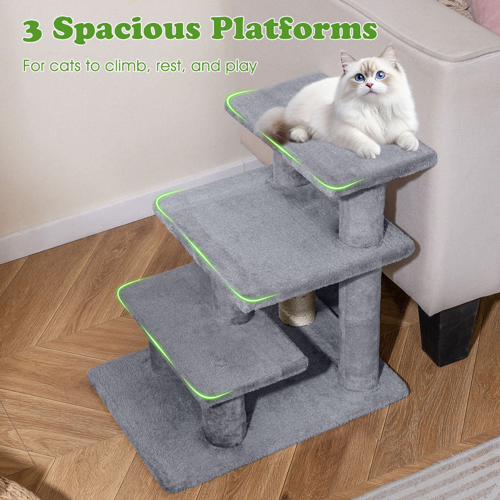 Gray 3-tier cat stairs with plush platforms and scratching post pole