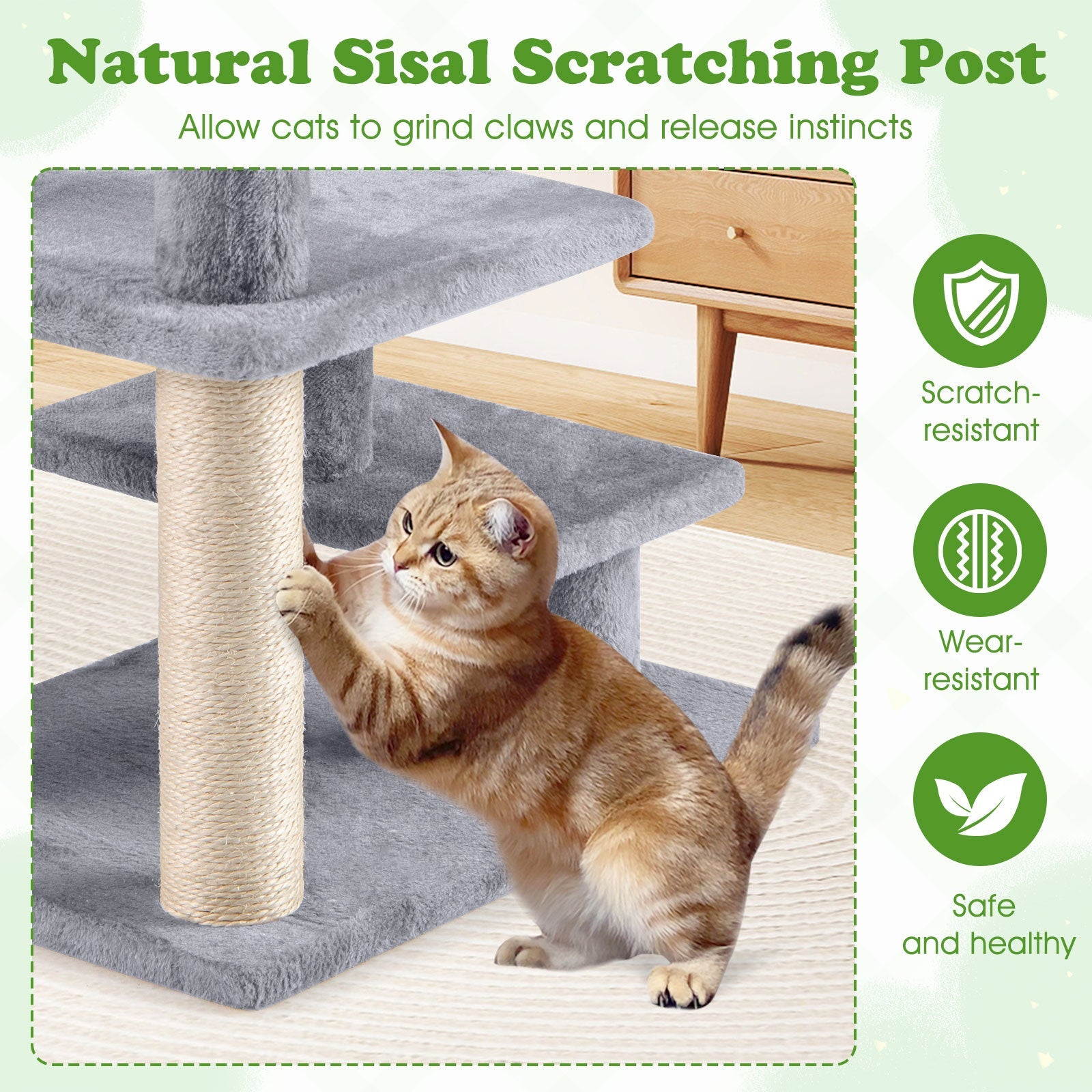 Gray plush cat stairs with sisal scratching post and three elevated platforms