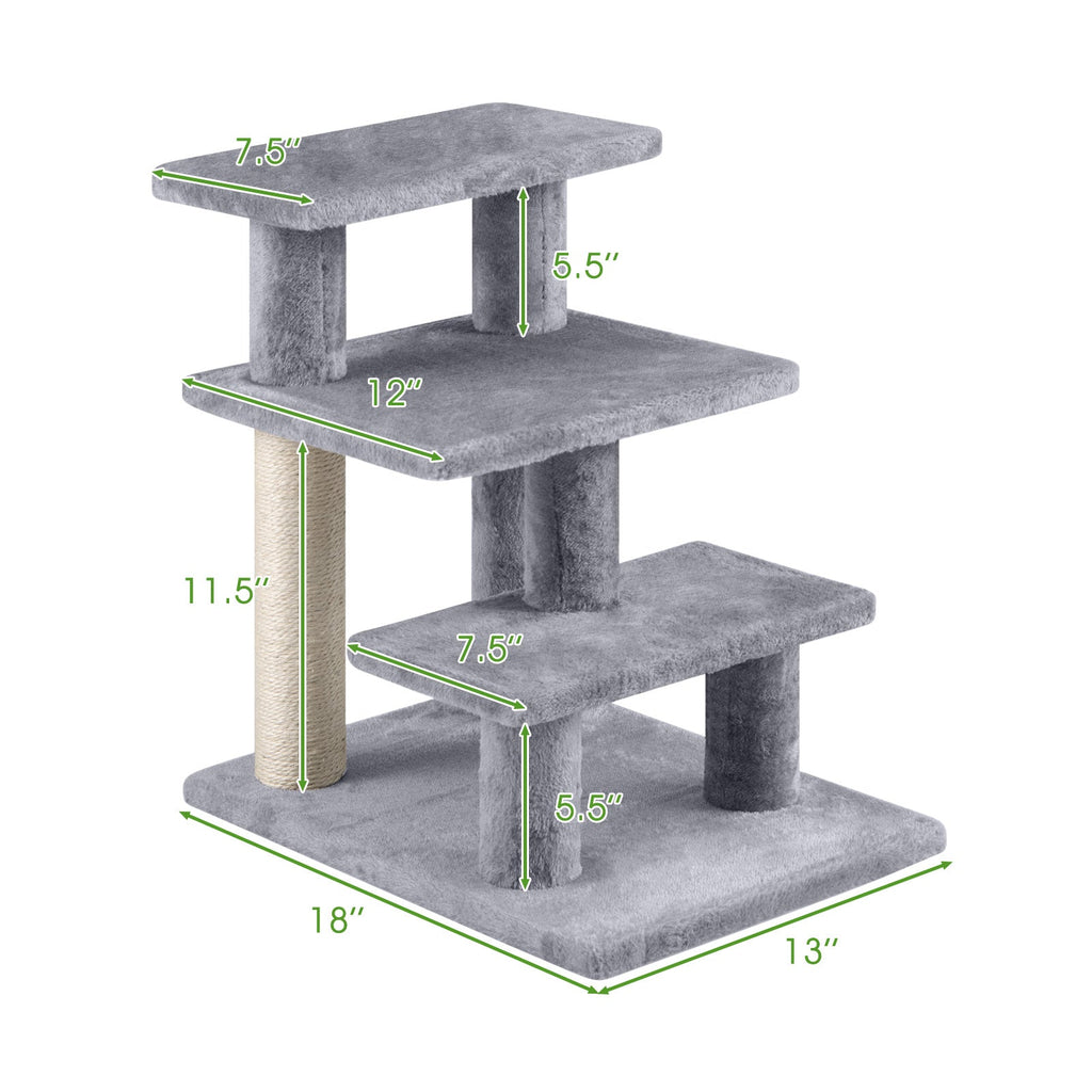 Gray 3-tier cat stairs with plush platforms and scratching post columns