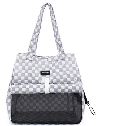 Small portable cat shoulder bag with light gray check pattern and black front panel.