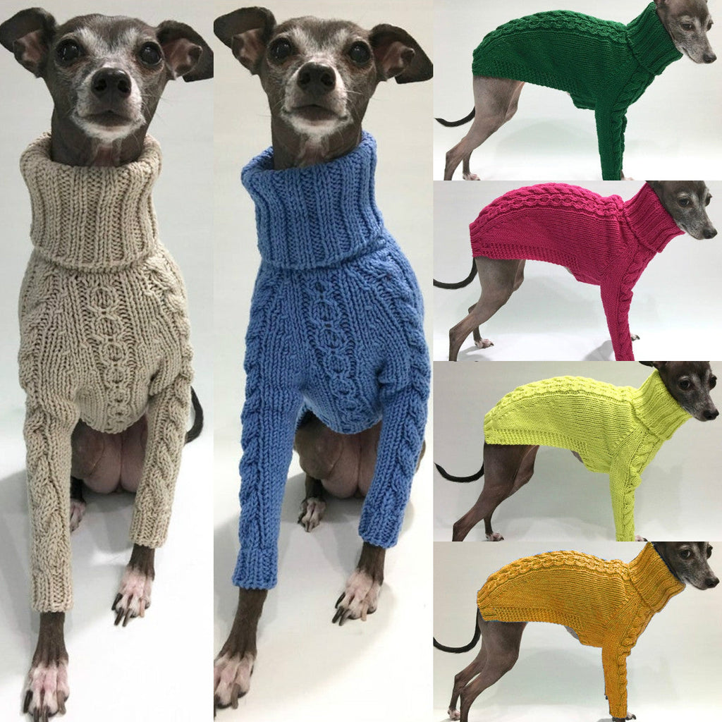 High-collar dog sweaters shown in grayish green, blue, rose red, green, and yellow