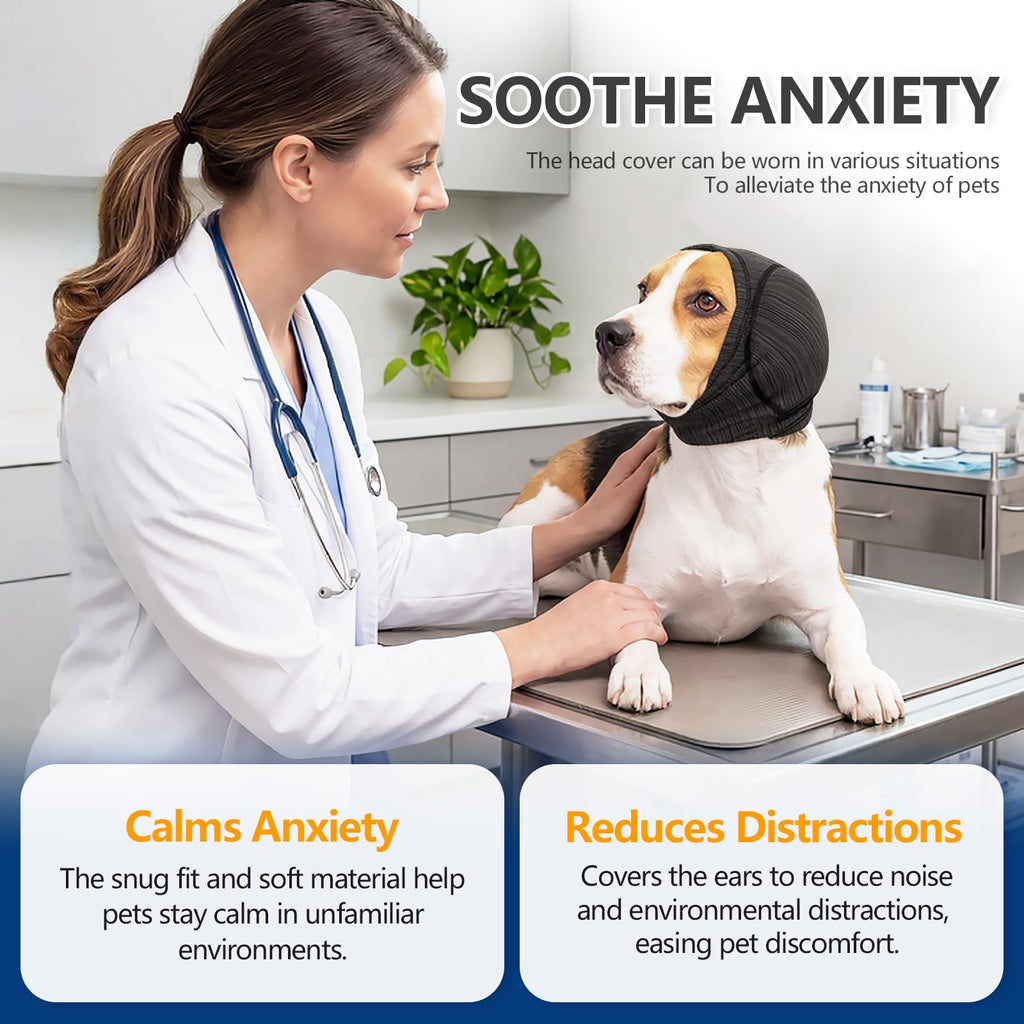 Dog anxiety head cover, dark gray wrap covering ears and forehead