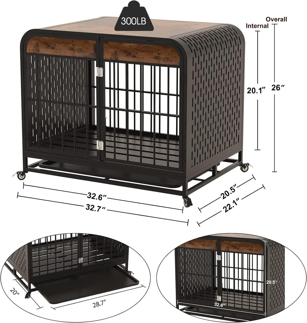 Dog crate table dimensions and 300lb label, black frame, brown top, caster base