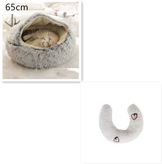 65cm round grey plush pet bed nest with light grey U-shaped bolster pillow