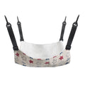 Cat cage hanging hammock bed with beige star print fabric, white plush lining and black straps