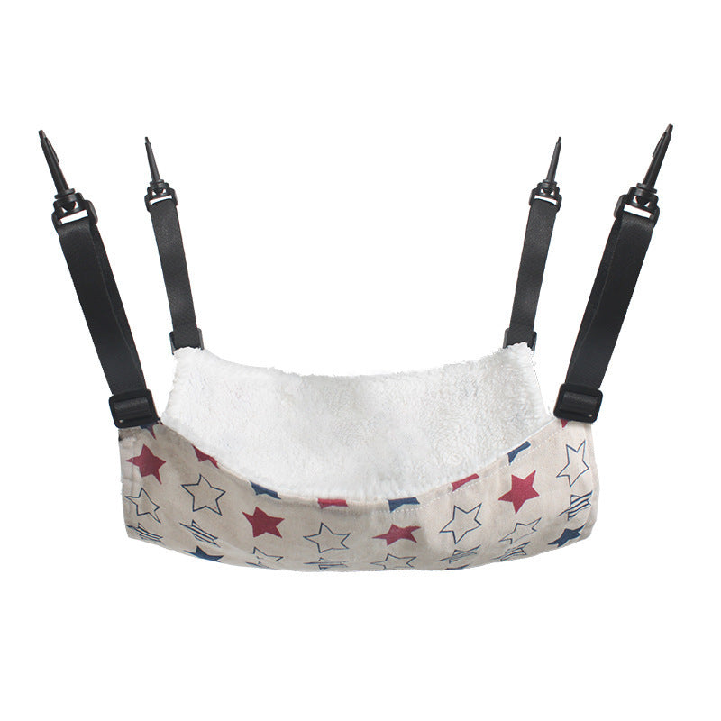 Cat cage hanging hammock bed with beige star print fabric, white plush lining and black straps
