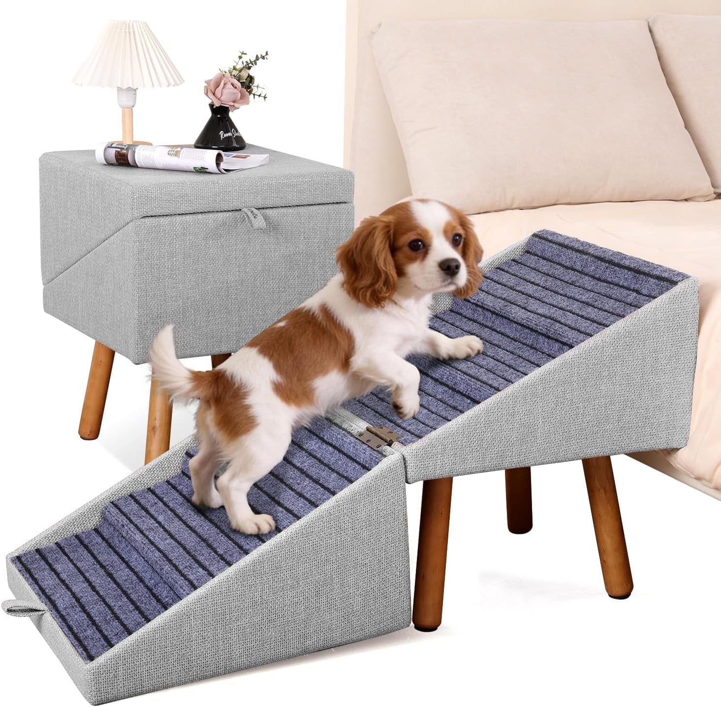 Folding pet stairs ottoman in light gray fabric with dark blue non-slip tread