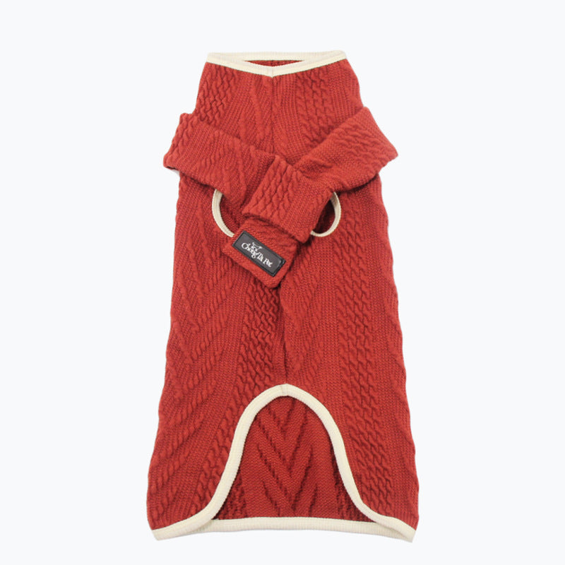 Red cable-knit pet sweater with white trim and crew neck