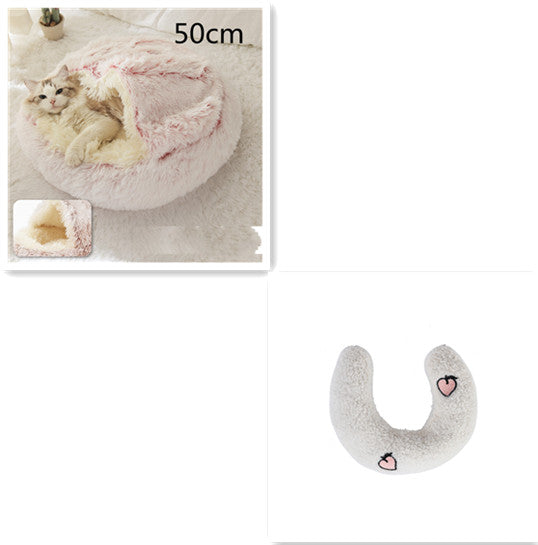 U-shaped plush pet cushion in light gray with heart embroidery