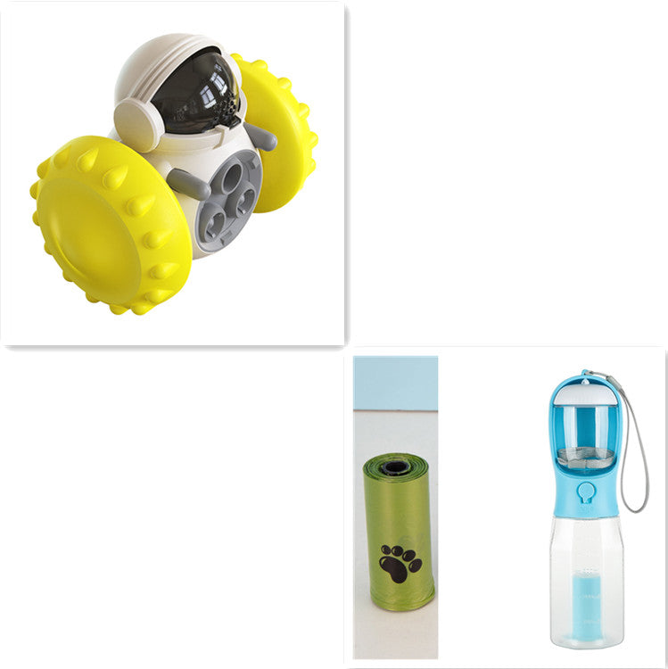 Interactive pet feeding balance car toy with yellow spiked rollers and clear cockpit window