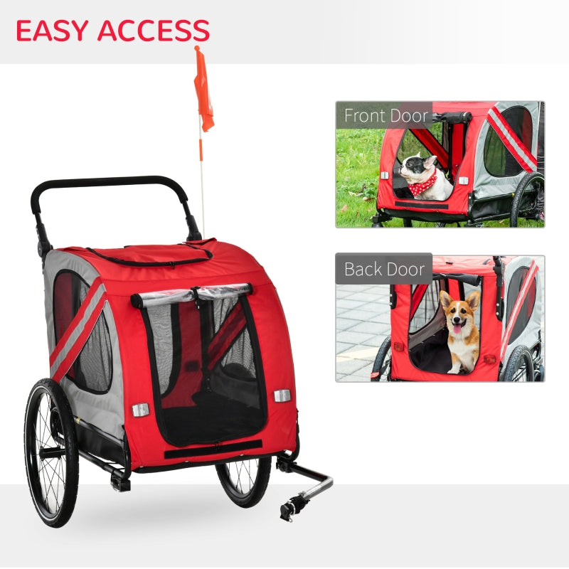 Red pet bike trailer stroller with mesh front and back doors for access