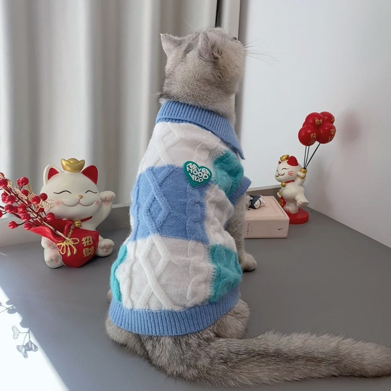 Pet plaid polo-collar cardigan sweater in sky blue and white with green accents