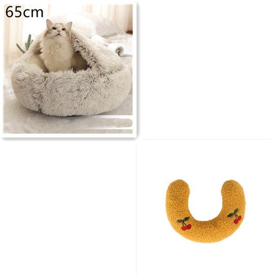 Gray round plush pet bed with cat; golden yellow U-shaped bolster with strawberry patches