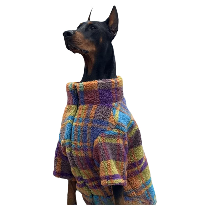Dog fleece-lined plaid coat, front zipper with fuzzy texture and high collar.