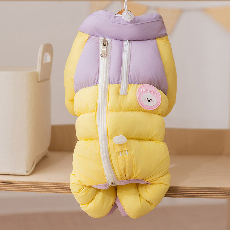 Color-block puffer dog jumpsuit in yellow with lavender accents, full front view with zipper