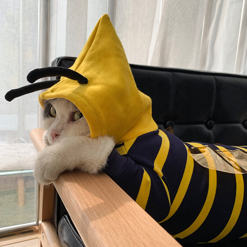 Pet bee costume plush hoodie coat with yellow hood, navy striped sleeves, black antenna