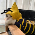 Pet bee costume plush hoodie coat with yellow hood, navy striped sleeves, black antenna