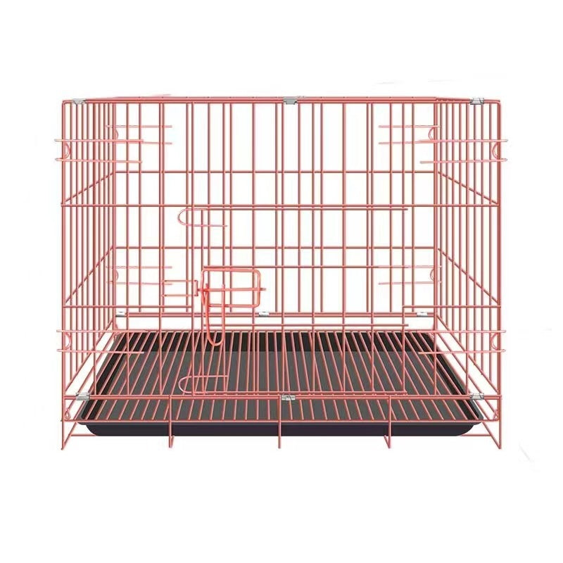 Empty folding dog crate with red wire frame and black base tray